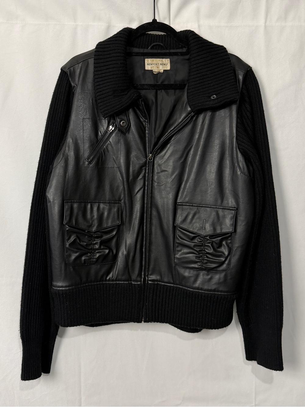 Newport News Vintage Womens Black Faux Leather & Knit Jacket Moto No Size
